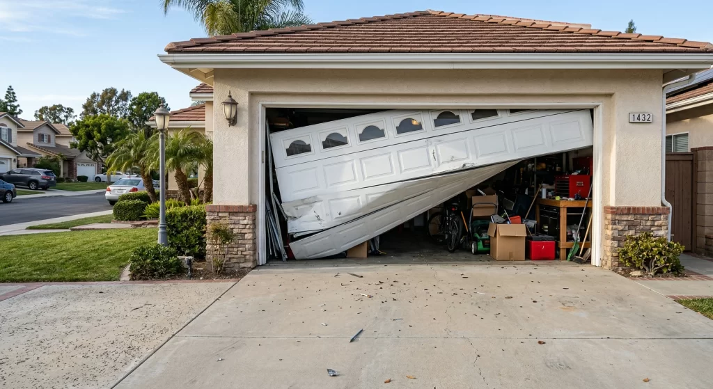 Broken garage door off track and collapsed on a residential home in Las Vegas