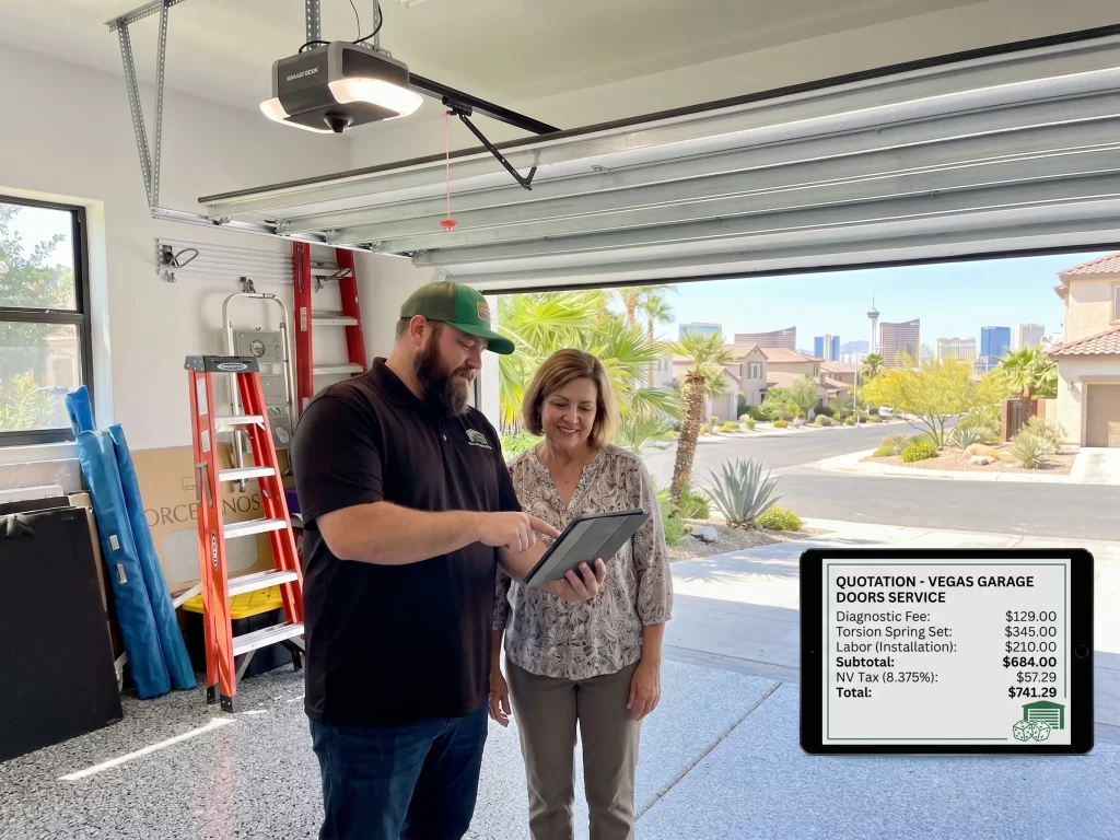 garage door technician sowing written quote las vegas homeowner