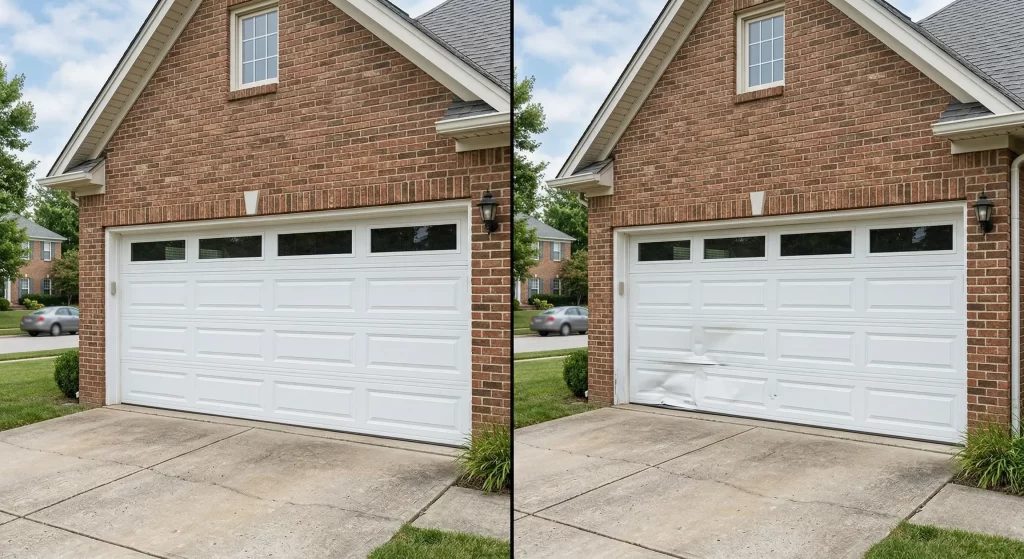 Before and after comparison of a damaged garage door panel on a Las Vegas residential home repair vs replacement decision
