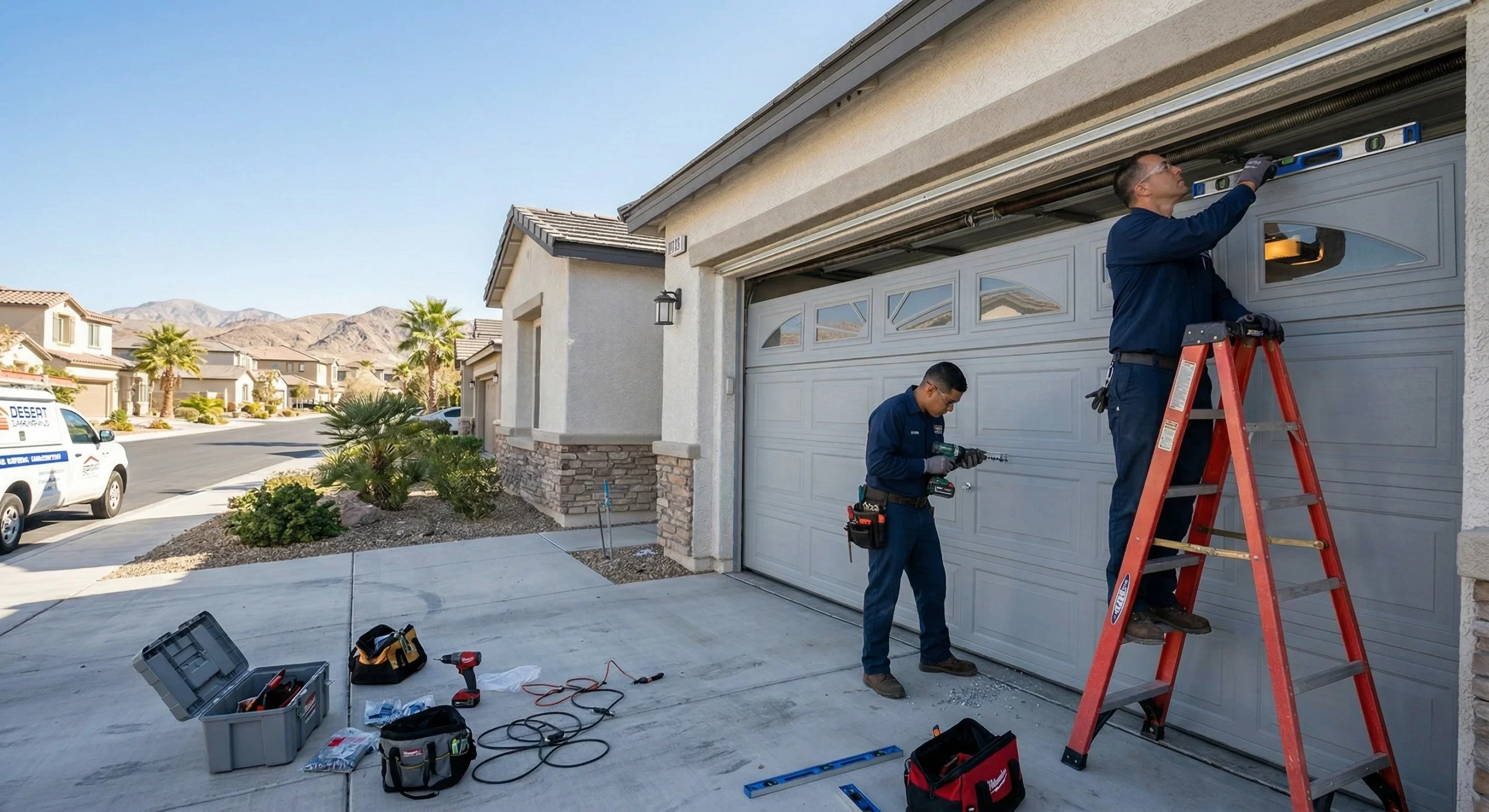 Two garage door technicians performing maintenance on a residential garage door in a Las Vegas desert climate neighborhood