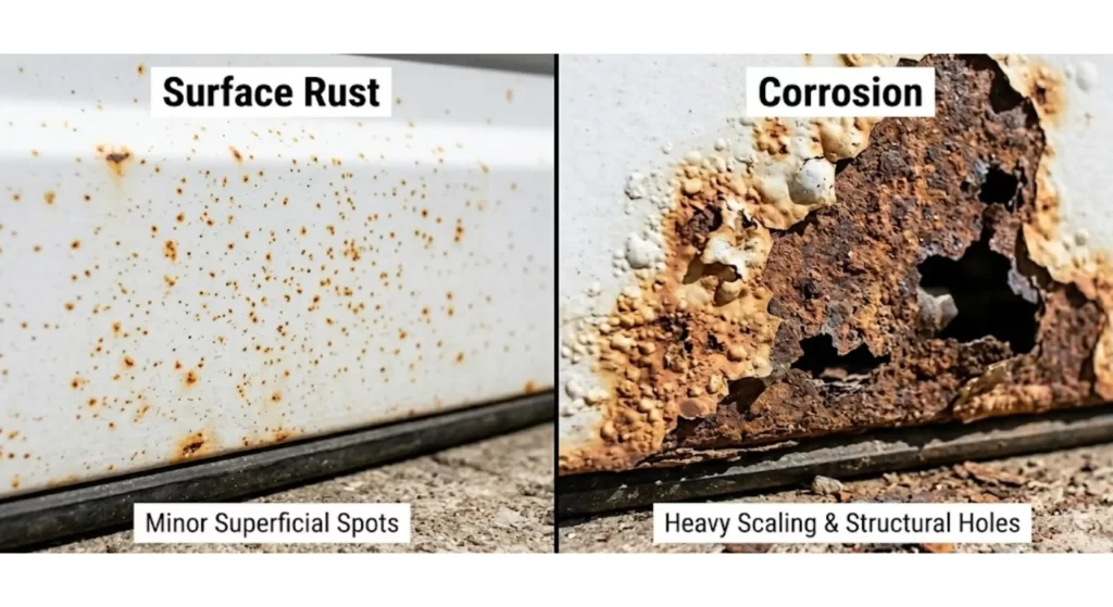 surface rust vs corrosion on steel garage door panel 