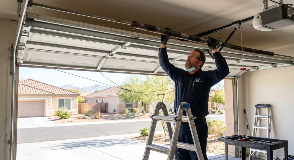 garage door won't open Las Vegas technician inspecting torsion spring