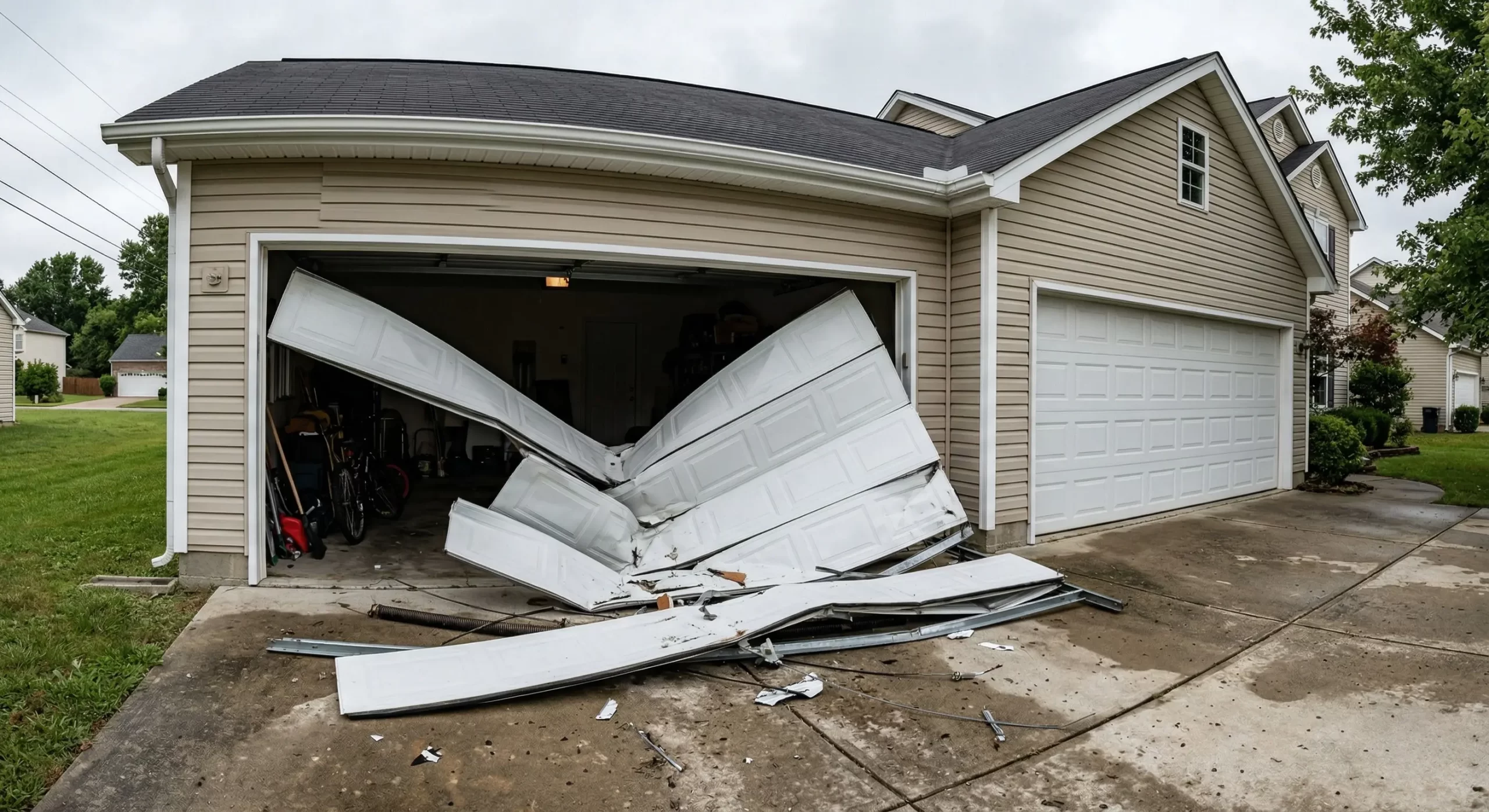 Collapsed garage door panels fallen off track on a Las Vegas residential home repair vs replacement decision